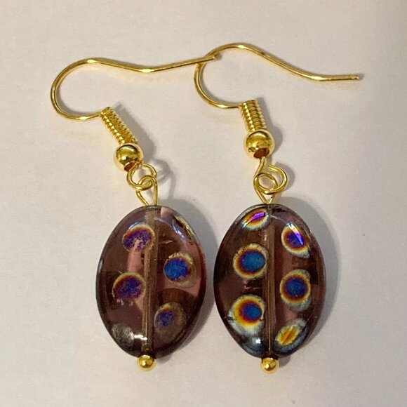 Murano Art Glass Oval Bead Earrings Czech Blue Circles Gold Plated HandMade - Picture 3 of 10